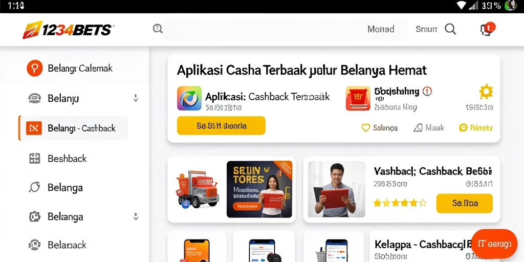 Tampilan antarmuka aplikasi 1234BETS dengan fitur Cashback yang mudah diakses.